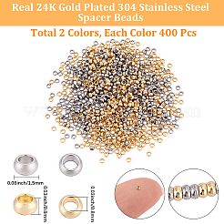 800個2色304ステンレススチールスペーサービーズ  ロンデル  ゴールデン·ステンレス鋼色  1.5x0.8mm  穴：0.8mm  400個/カラー&nbsp;STAS-BBC0009-75A