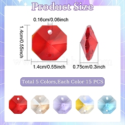 75個5色電気メッキガラスリンクコネクター  多面カット  シャンデリアプリズムビーズチェーン用  diyクラフトジュエリーデコレーション  八角形  ミックスカラー  14x14x7.5mm  穴：1.6mm  15個/カラー&nbsp;EGLA-YW0005-08