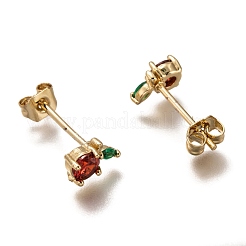 真鍮製スタンドピアス  キュービックジルコニアとイヤーナット付き  りんご  レッド  ゴールドカラー  6.5x4.5mm  ピン：0.7mm&nbsp;ZIRC-I051-06G