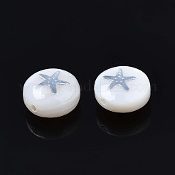 天然淡水シェルビーズ  真鍮製の金属装飾  スターとフラットラウンド  プラチナ  8x4~5mm  穴：0.6mm&nbsp;SHEL-N003-22-12P