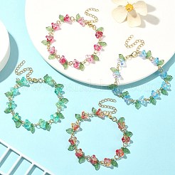 4 個 4 色のアクリル & ガラスビーズフラワーリンクチェーンブレスレットセット  女性用ゴールデン 304 ステンレススチール ジュエリー  ミックスカラー  7-1/8インチ（18.2cm）  1pc /カラー&nbsp;BJEW-TA00273