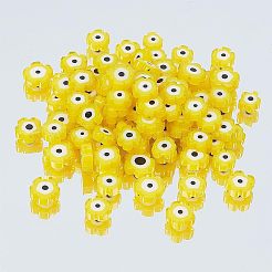 2連売り2スタイルの手作りランプワークビーズ連売り  ナザールボンジュウ付き花  きいろ  6~9x6~9x3mm  穴：0.7~0.8mm  約63~65個/連  14.57インチ〜15.94インチ（37~40.5cm）  1連売り/スタイル&nbsp;LAMP-NB0001-65