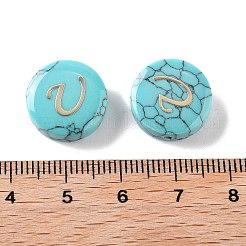 合成ターコイズビーズ  金色の真鍮スライス付き  アルファベット付きフラットラウンド  U字  15x5.5mm  穴：1.4mm&nbsp;G-A238-02U