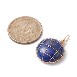 天然ラピスラズリ染め銅線巻きペンダント  ハーフラウンド/ドームチャーム  ゴールドカラー  30.5x21x8mm  穴：4.7mm&nbsp;PALLOY-JF02436-03
