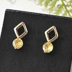 菱形とフラットラウンドい真鍮のマイクロパヴェキュービックジルコニアスタッドピアス（女性用）  カドミウムフリー＆鉛フリー  長持ちメッキ  ラックめっき  ゴールドカラー  ミックスカラー  13.5x7mm&nbsp;EJEW-G428-20G