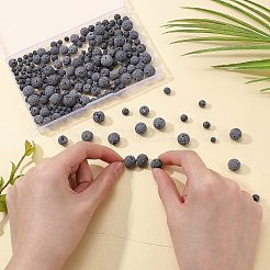 4連売り4スタイルワックスなし天然溶岩ビーズ連売り  ラウンド  ブラック  4mm / 6mm / 8mm / 10mm  穴：1~1.5mm  1連/スタイル&nbsp;G-OC0002-85