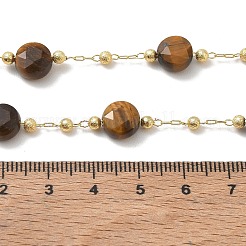 天然タイガーアイのファセットカットされたフラットラウンドいビーズチェーンネックレス、マットな真鍮ビーズ付き  女性用304ステンレスジュエリー  ゴールドカラー  長持ちメッキ  25.16インチ（63.9cm）&nbsp;GG-CBA37F5-01G-04