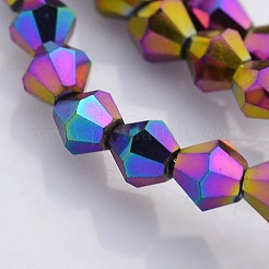 カット加工ダブルコーンメッキガラスビーズ連売り  フル虹メッキ  インディゴ  4x4mm  穴：1mm  約80~85個/連  11.81~12.60インチ（30~32cm）&nbsp;EGLA-P016-4mm-F03
