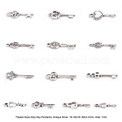 チベット風合金キーペンダント  アンティークシルバー  16~30x16~30x3~4mm  穴：1mm&nbsp;TIBEP-X0001-02-AS