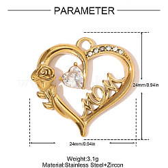 母の日 304ステンレススチール マイクロパヴェキュービックジルコニアペンダント  言葉のお母さんのチャームを持つハート  イオンプレーティング（ip）  18KGP本金メッキ  透明  24x24mm&nbsp;STAS-OY007-53G