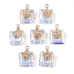 電気メッキガラスチャーム  ライトゴールドメッキ真鍮アイスピックピンチベイル付き  長方形  クリアAB  14x10x5.5mm  穴：1mm&nbsp;X-EGLA-N005-002C