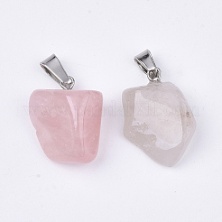 天然石ローズクォーツペンダント  ステンレススチール製のベールスナップ付き  ナゲット  15~35x10~20x5~15mm  穴：3x7.5mm&nbsp;G-Q996-31