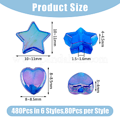 480個6スタイル透明アクリルビーズ  ABカラー  ハート  ミックスカラー  8~11x8.5~11x3~4.5mm  穴：1~1.6mm&nbsp;MACR-DC0001-09