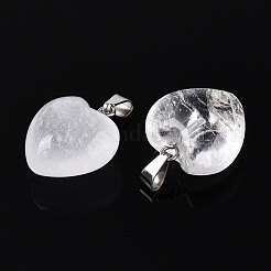 天然石クオーツクリスタルペンダント  ハートチャーム  プラチナトーンのアイロンスナップ留め金具付き  16~19x15~18x8~10.5mm  穴：5.5~6x2~2.5mm&nbsp;G-T143-49M