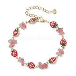 Natural Strawberry Quartz Chip Beads & Brass Enamel Link Chains Bracelets for Women&nbsp;BJEW-JB13149