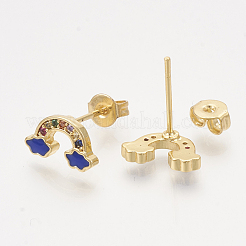 真鍮製キュービックジルコニアスタンドピアス  エナメルとイヤーナッツ  レインボー  ゴールドカラー  ブルー  6x11mm  ピン：0.7mm&nbsp;EJEW-S201-169C
