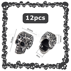304ステンレススチールヨーロピアンビーズ12個  大穴ビーズ  スカル  アンティークシルバー  15.5x10.5x12.5mm  穴：6mm&nbsp;STAS-HS0001-05