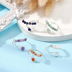 ミックス天然石リング  女性用銅線巻き調節リング  プラチナ  1~20mm  内径：17.5~19mm&nbsp;RJEW-JR00584-02