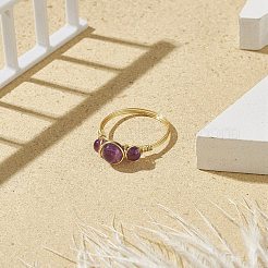 Natural Amethyst Round Braided Beaded Finger Ring&nbsp;RJEW-JR00550-04