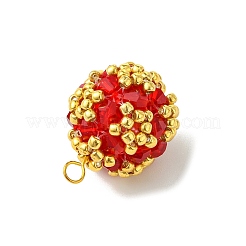 ガラスチャーム  丸いチャーム  真鍮製のピンとガラス製のシードビーズを使用  多面カット  レッド  25.5x17mm  穴：3x3.5mm&nbsp;PALLOY-MZ01348-01