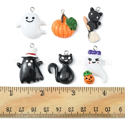 12 個 6 スタイルのハロウィーン不透明樹脂ペンダント  ハロウィンチャーム  プラチナトーンの鉄ループ付き  帽子をかぶった猫と幽霊とカボチャと幽霊  ミックスカラー  24~34.5x12~24x5.5~7mm  穴：2mm  2個/スタイル&nbsp;RESI-FS0001-33
