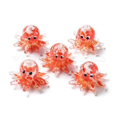 手作り凹凸柄ランプワークビーズ連売り  タコ  レッド  15x25x13~14mm  穴：1.4mm&nbsp;LAMP-N021-37C-01-1