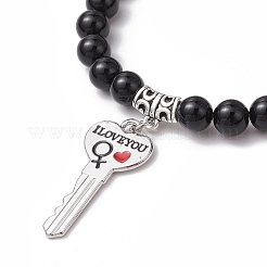 2Pcs Valentine's Day Natural Mashan Jade & Black Onyx Round Beads Stretch Bracelets for Couple&nbsp;BJEW-JB11649