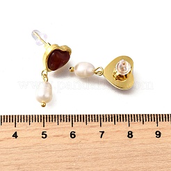 ハート 304 ステンレススチール レッドアゲート ダングル スタッド イヤリング  天然パールと  18KGP本金メッキ  34.50x20mm&nbsp;EJEW-M065-02G