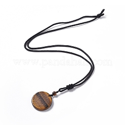 Natural Gemstone Flat Round with Flower of Life Pendant Necklace with Nylon Cord for Women&nbsp;NJEW-P274-02