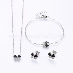 304ステンレススチールジュエリーセット  ペンダントネックレス＆スタッドピアス＆ブレスレット  エナメル  蝶  ミックスカラー  16.93インチ（43cm）  7-1/8インチ（18cm）  9x11x2mm  ピン：0.8mm&nbsp;SJEW-H129-24