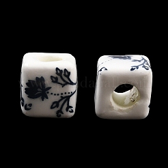 花柄プリントの磁器ビーズ  花柄のセラミックビーズ  キューブ  マリンブルー  10x10x10mm  穴：4mm&nbsp;PORC-Q161-6