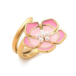 女性用フラワー 304 ステンレススチール エナメル カフ リング  プラスチック模造パールと  18KGP本金メッキ  22.5mm  usサイズ7 1/4(17.5mm)&nbsp;RJEW-Z079-01G