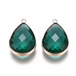 真鍮製ガラスチャーム  多面カット  ティアドロップ  ライトゴールド  ティール  29x19x7mm  穴：2.5mm&nbsp;GLAA-G054-01G
