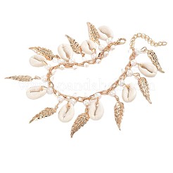 ボヘミアン風のナチュラルなタカラガイ、合金の葉、プラスチックパールのタッセルアンクレット（女性用）  貝殻色  ゴールドカラー  8-1/4インチ（210mm）&nbsp;WG179D1-01