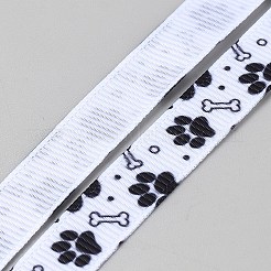 ポリエステルの足跡プリントグログランリボン  布のDIY装飾用  ホワイト  3/8インチ（10mm）  5ヤード/ロール&nbsp;OCOR-TAC0015-20B