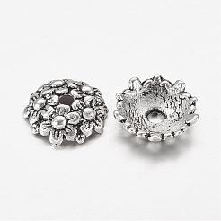 チベット風合金ビーズキャップ  鉛フリー＆カドミウムフリー  花  アンティークシルバー  直径約11mm  厚さ3.5mm  穴：2mm&nbsp;X-LF1650Y