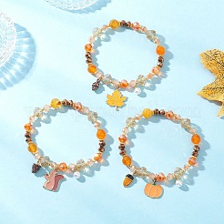 感謝祭用合金エナメル＆ABSプラスチック模造真珠チャームブレスレット3個、3スタイル  女性用ガラスビーズストレッチブレスレット  ゴールドカラー  内径：2-1/8インチ（5.25cm）  1個/スタイル&nbsp;BJEW-JB12627