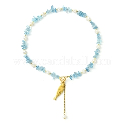 304 Stainless Steel Fish Pendant Natural Aquamarine Chip and Pearl Beaded Necklaces for Women&nbsp;NJEW-JN06299-02