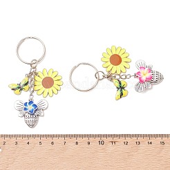 合金エナメルキーホルダー  手作りのポリマー粘土3Dビーズと鉄のスプリットキーリング付き  蜂と花  プラチナ  ミックスカラー  81.5mm&nbsp;KEYC-JKC01473