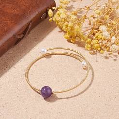 Natural Pearl & Gemstone Round Beaded Wrap Cuff Bangle&nbsp;BJEW-JB07923
