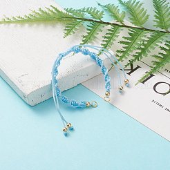 調節可能なポリエステル編みひもブレスレット作り  真鍮ビーズと304ステンレススチールの丸カン付き  ゴールドカラー  空色  一本チェーンの長さ：約5-1/2インチ（14cm）&nbsp;AJEW-JB00848-04