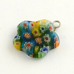 プラチナメッキの鉄のパーツを持つ手作りミレフィオーリガラスチャーム  花  ミックスカラー  21x18x4mm  穴：2mm&nbsp;LK-R005-10
