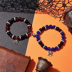 2Pcs 10mm Round Blue Cat Eye & Red Glass & Black Glass Beaded Stretch Bracelet Sets for Lover&nbsp;BJEW-JB10325-04