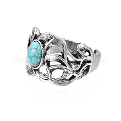 Gothic Punk Skull Alloy Open Cuff Ring with Oval Synthetic Turquoise for Men Women&nbsp;RJEW-T009-53