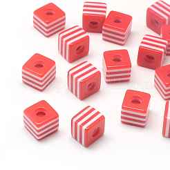 オペーク縞柄樹脂ビーズ  キューブ  ミックスカラー  10x10x10mm  穴：4mm&nbsp;X-RESI-S342-10x10-M