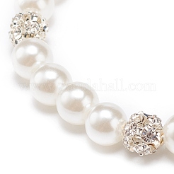 ABS Plastic Pearl & Brass Round Beaded Stretch Bracelet with Clear Rhinestone for Women&nbsp;BJEW-JB08523-02