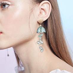 ガラスクラゲ、シェルパールビーズダングルスタッドピアス  女性用ゴールドブラスロングドロップイヤリング  アクア  74~76mm  ピン：0.7mm&nbsp;EJEW-TA00217