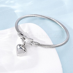 304ステンレススチールチャームバングル  ハート  ステンレス鋼色  内径：2-3/8インチ（5.9cm）&nbsp;BJEW-K280-03P