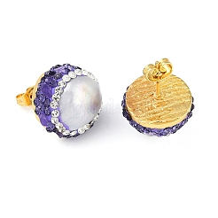 Rack Plating Flat Round Brass With Rhinestone & Natural Pearl Handmade Indonesia Stud Earrings&nbsp;EJEW-U010-02D-G
