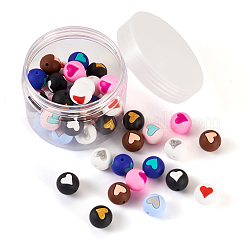 45色の食品グレードの環境に優しいシリコンビーズ9個。  ハート付きのラウンド  ミックスカラー  14.5~15mm  穴：2mm  5個/カラー&nbsp;SIL-TA0001-22